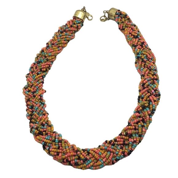 Braided Seed Beach Necklace Multi Color Pink Brown Blue Adjustable Length - Picture 2 of 3